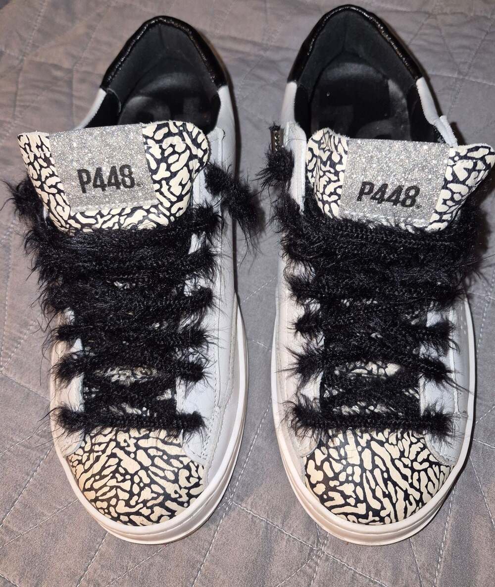 P448 White and Black Textured Animal Print Platform Sneaker with Black Fur Laces